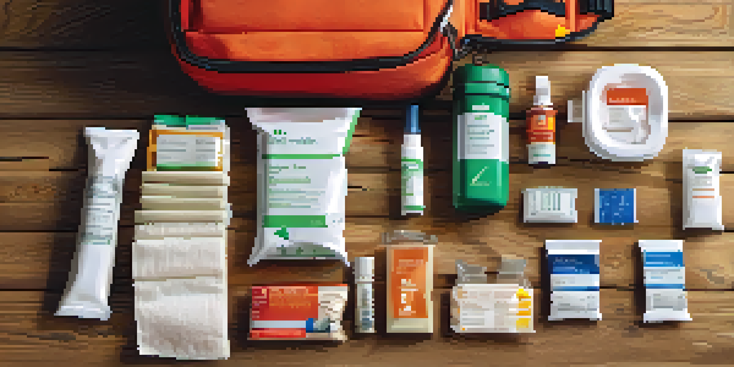 A travel health kit displayed on a wooden background, showcasing colorful first aid supplies like bandages and antiseptic wipes.