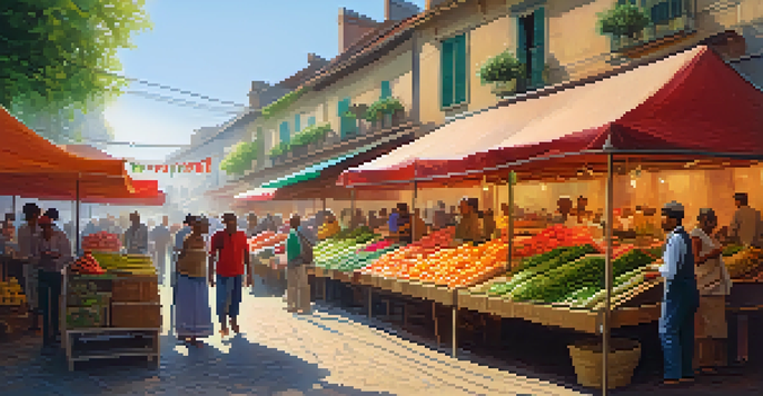A bustling local market filled with colorful stalls, fresh produce, and people engaging with one another under a warm sunlight.