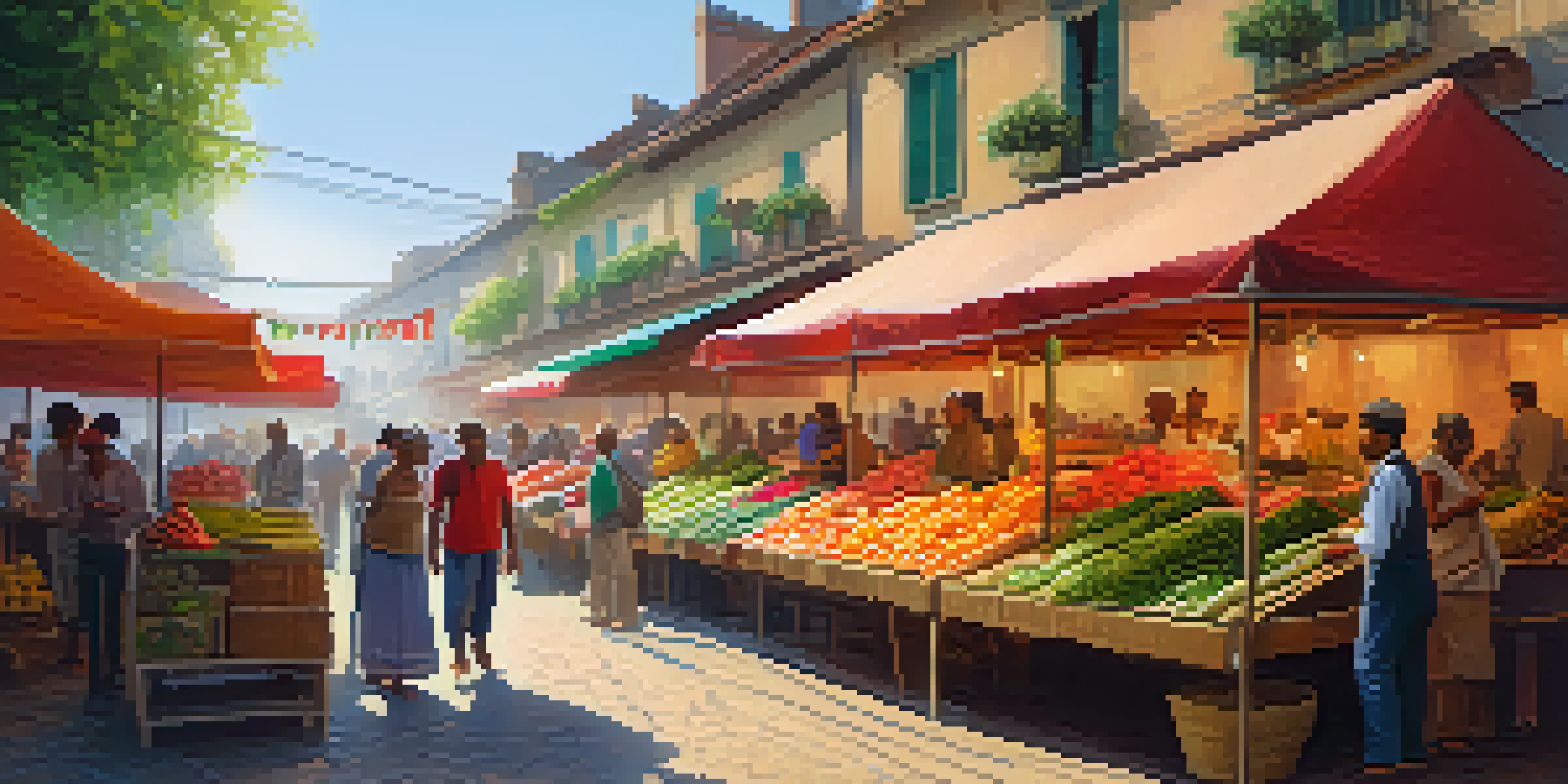 A bustling local market filled with colorful stalls, fresh produce, and people engaging with one another under a warm sunlight.