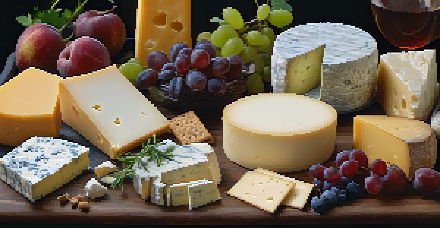 A close-up of a cheese board with various cheeses like Brie, blue cheese, and Manchego, garnished with fruits and herbs on a dark background.
