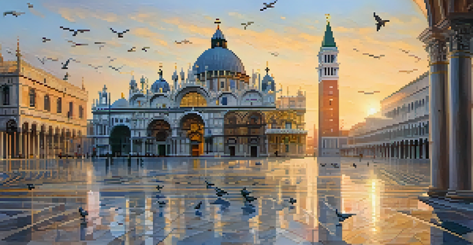 A breathtaking image of St. Mark's Basilica in Venice during sunrise, highlighting its detailed mosaics and serene surroundings.
