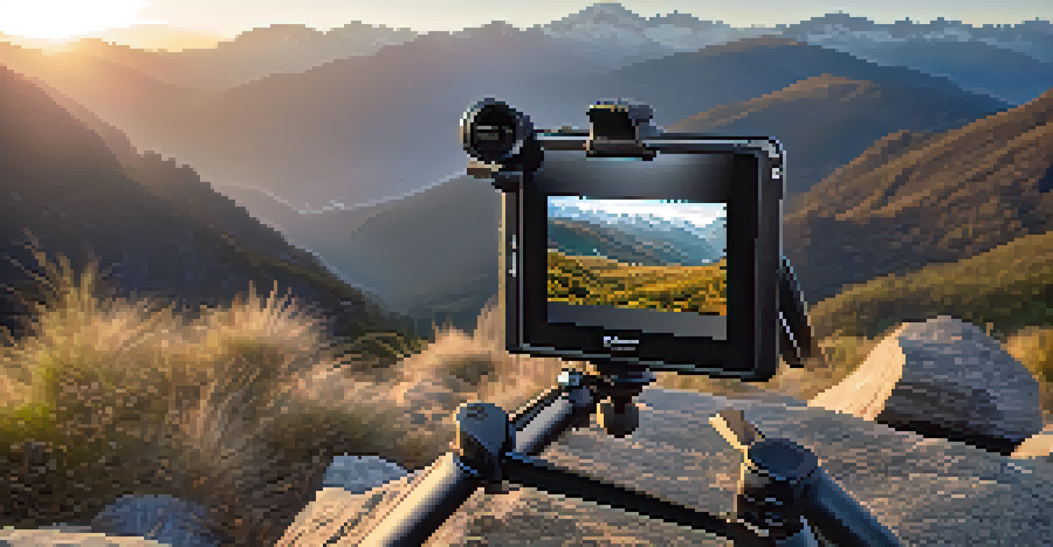 A camera on a tripod with mountains in the background, showing the equipment ready for photography.