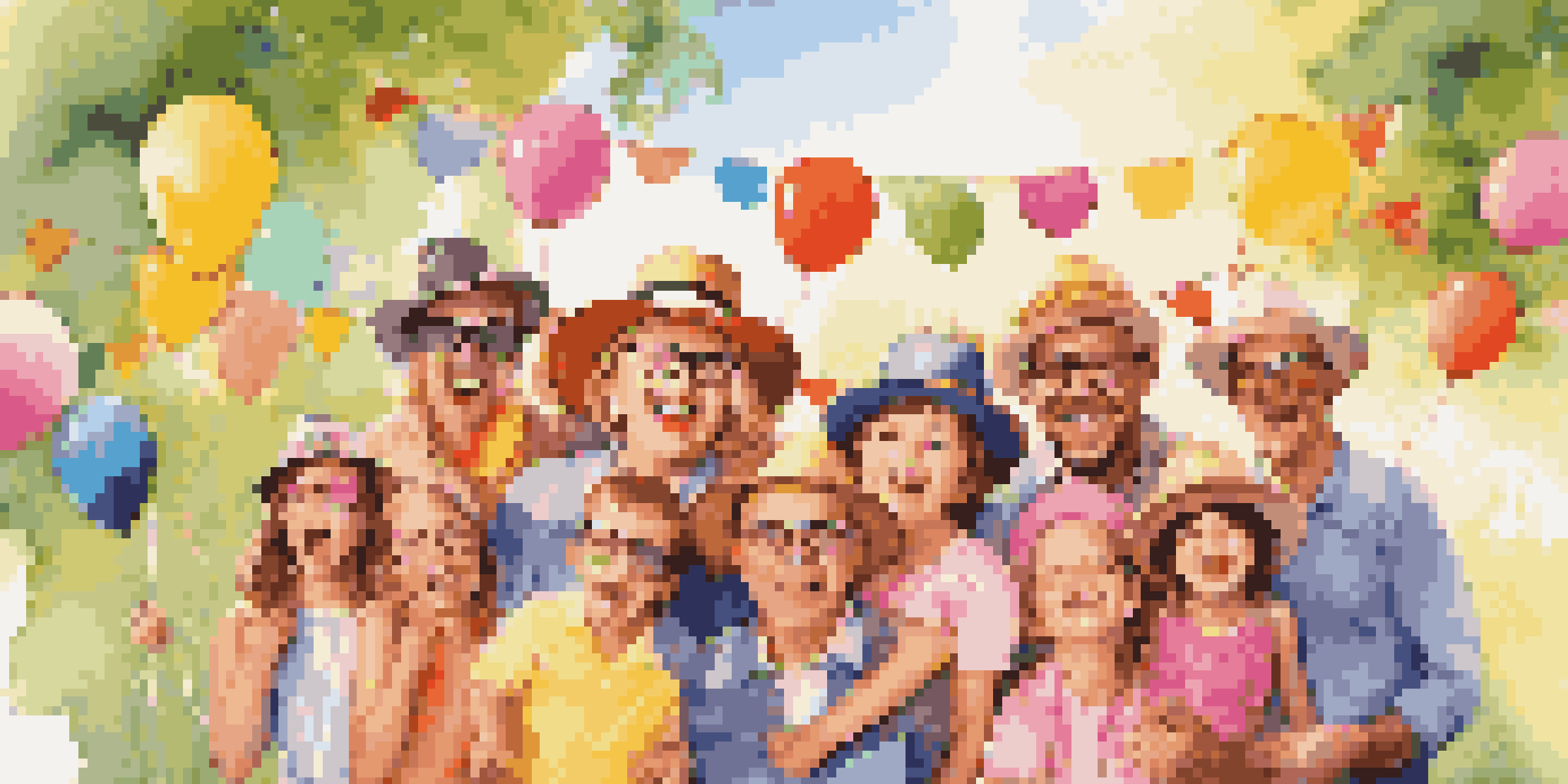 A family enjoying a photo booth setup with colorful props in a sunny park during a reunion.