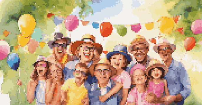 A family enjoying a photo booth setup with colorful props in a sunny park during a reunion.