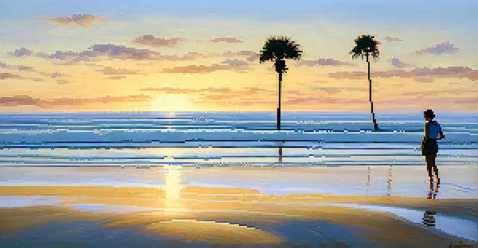 A tranquil beach at sunset with golden sand, soft waves, and a silhouetted figure looking at the horizon under palm trees.
