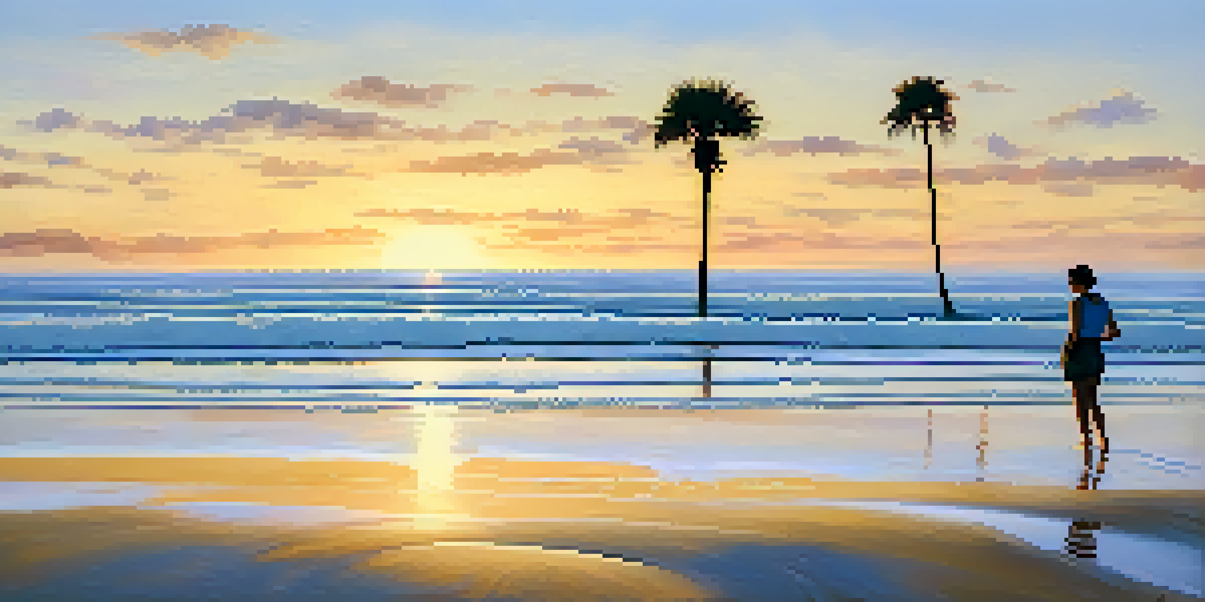 A tranquil beach at sunset with golden sand, soft waves, and a silhouetted figure looking at the horizon under palm trees.