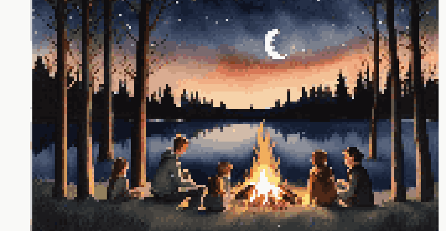 A family enjoying a campfire at night under a starry sky, with trees in the background.