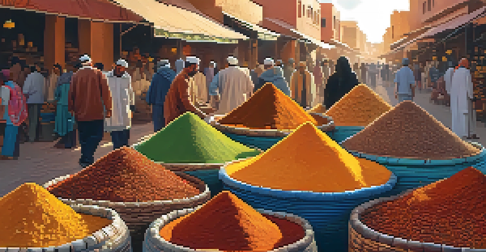 A bustling street market in Marrakech filled with colorful spices and local vendors interacting with customers under warm golden sunlight.