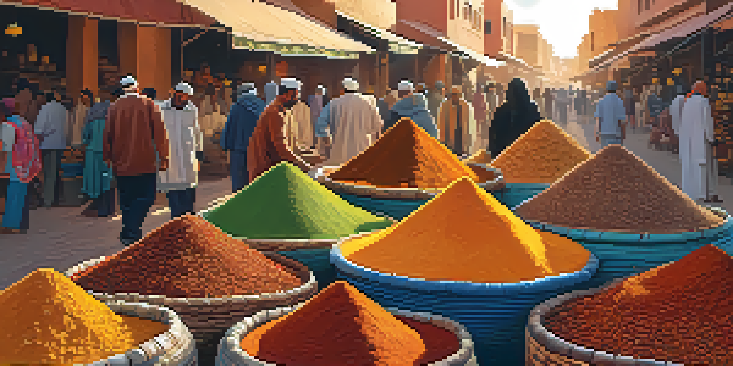 A bustling street market in Marrakech filled with colorful spices and local vendors interacting with customers under warm golden sunlight.