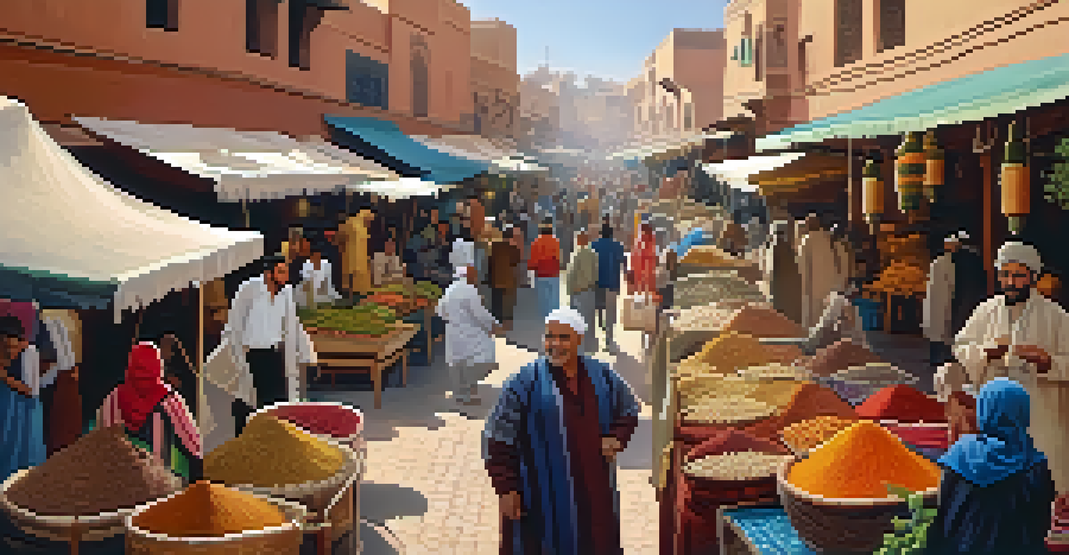A vibrant market scene in Marrakech with colorful stalls, spices, textiles, and engaging vendors creating a lively atmosphere.