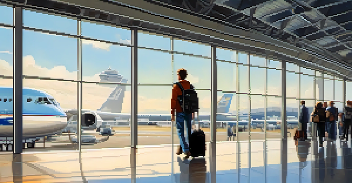A traveler with a minimalist backpack walking through a bright airport terminal, with planes visible outside the large window.