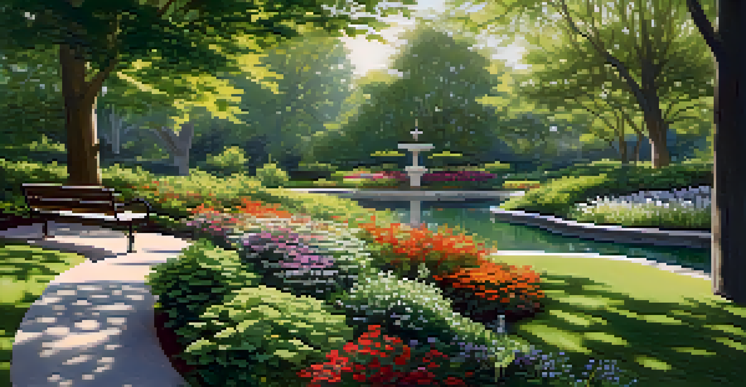 A landscaped park with a winding path, diverse plants, and a pond, bathed in sunlight with benches for visitors.