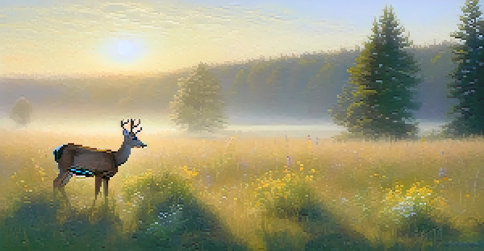 A peaceful meadow with a deer grazing in the morning light, surrounded by colorful wildflowers and soft mist in the background.