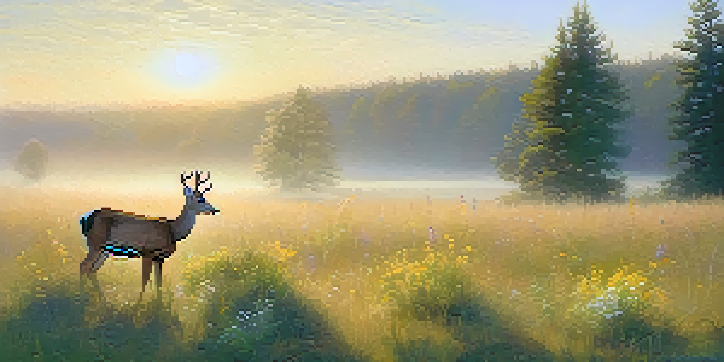 A peaceful meadow with a deer grazing in the morning light, surrounded by colorful wildflowers and soft mist in the background.