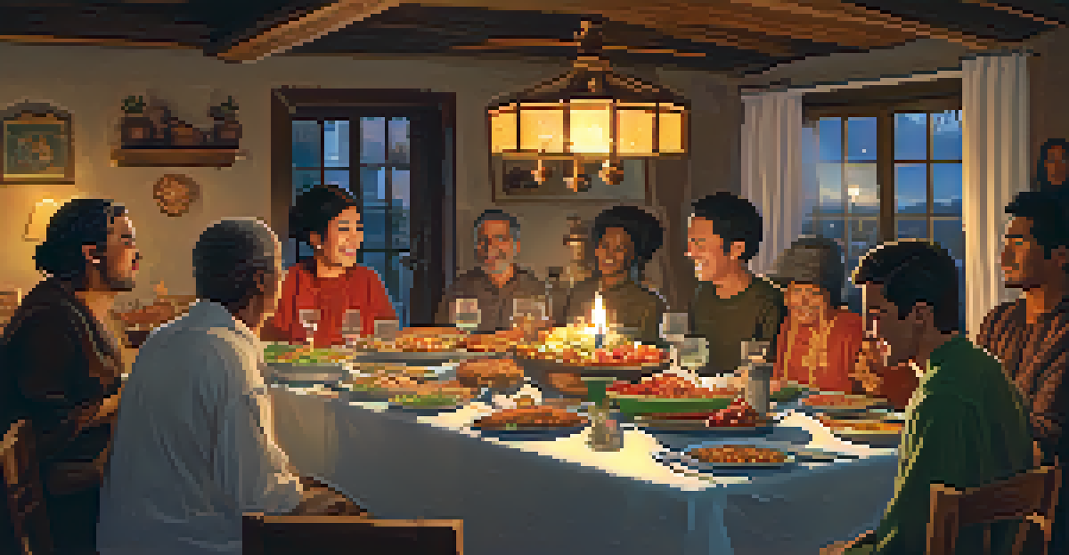 A warm communal dinner with diverse individuals sharing a meal around a table filled with various cultural dishes.