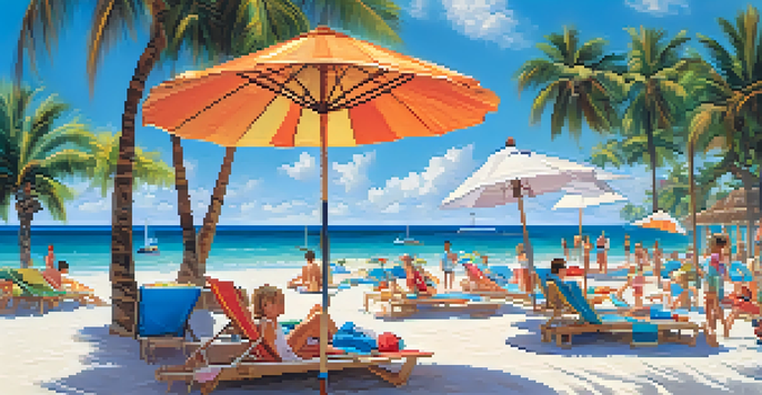 A beach with a cruise ship in the background, colorful umbrellas, and families enjoying the sun.