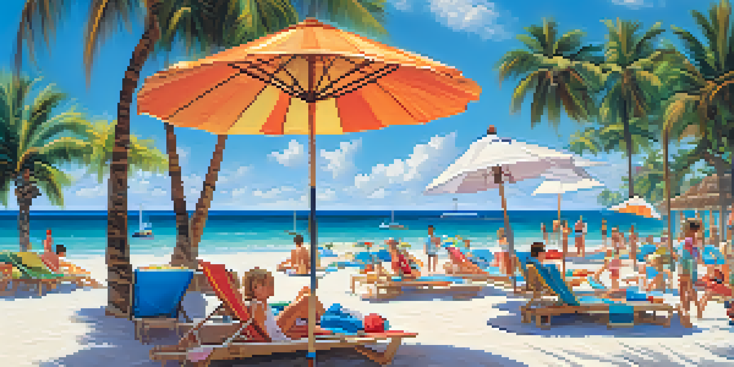 A beach with a cruise ship in the background, colorful umbrellas, and families enjoying the sun.