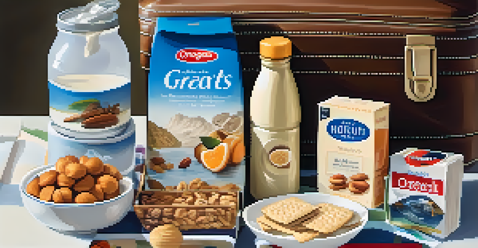 A packed suitcase displaying healthy snacks and travel essentials, arranged neatly with natural light illuminating the scene.