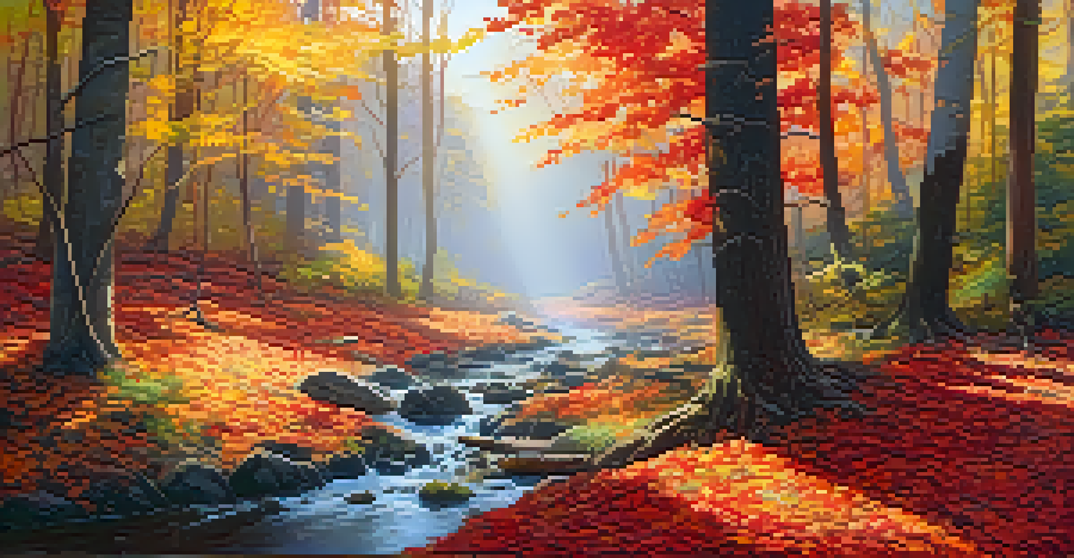A colorful autumn forest with vibrant trees, sunlight filtering through branches, and a stream in the foreground.