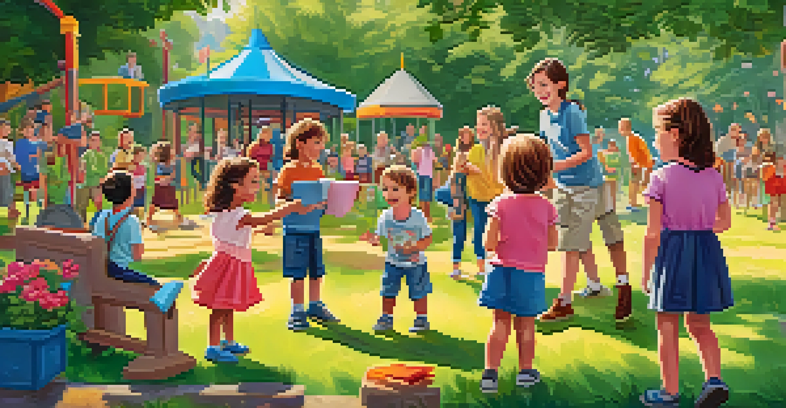 Children engaged in a scavenger hunt in a park, pointing to items on a list, with a colorful playground and lush greenery in the background.