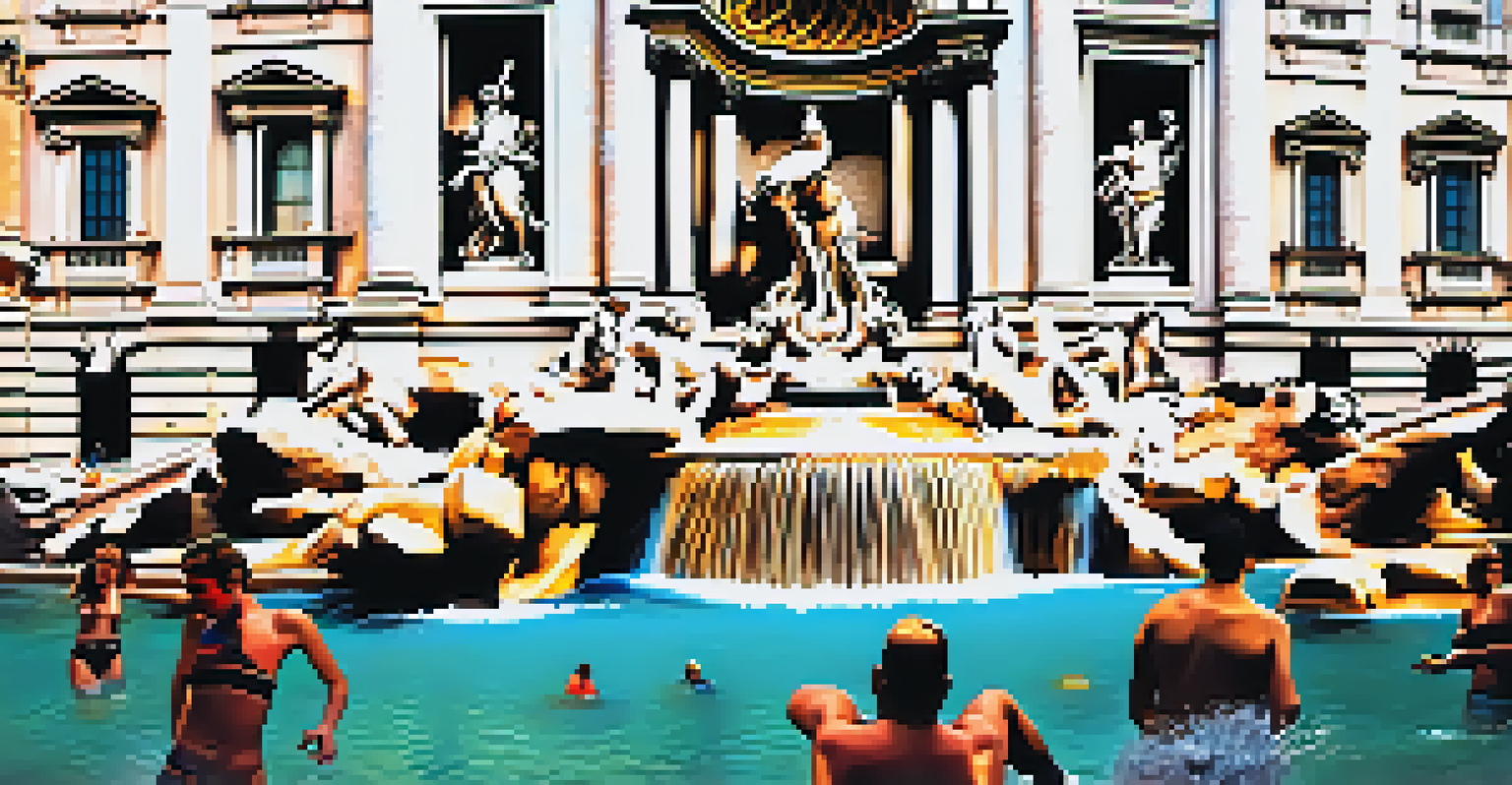 The Trevi Fountain with tourists tossing coins, showcasing intricate sculptures and flowing water under sunlight.