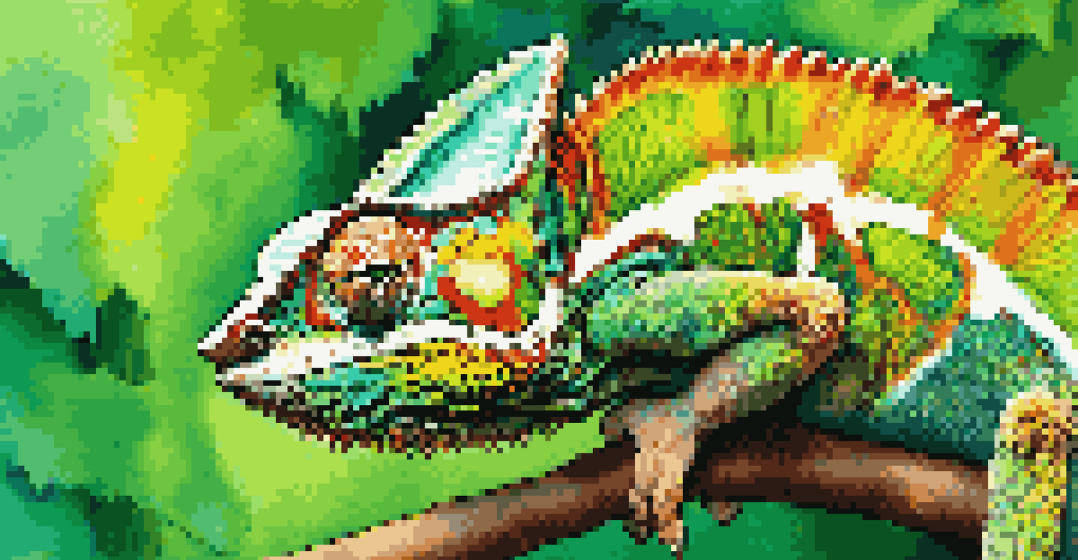 A close-up of a colorful chameleon perched on a branch in a lush green jungle.