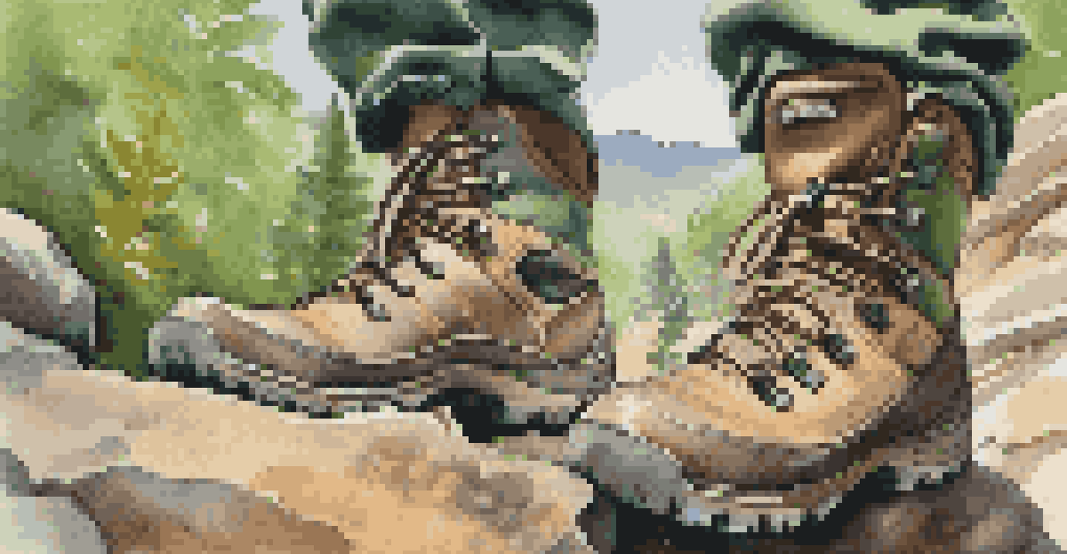 Close-up of rugged waterproof hiking boots on a rocky trail surrounded by nature.