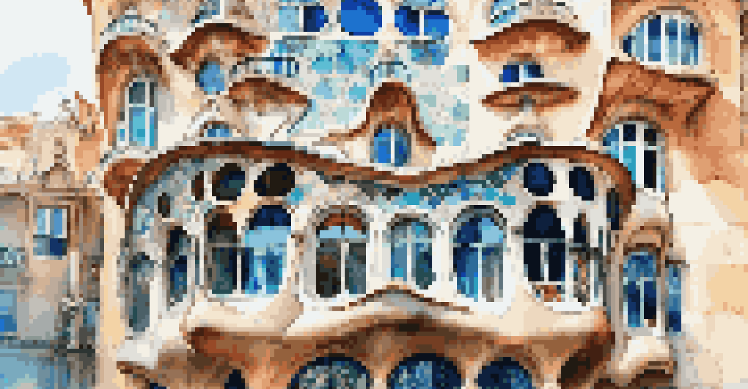 A vibrant view of Casa Batlló's colorful façade, featuring unique balconies and rooftops, with sunlight illuminating the interior spaces.