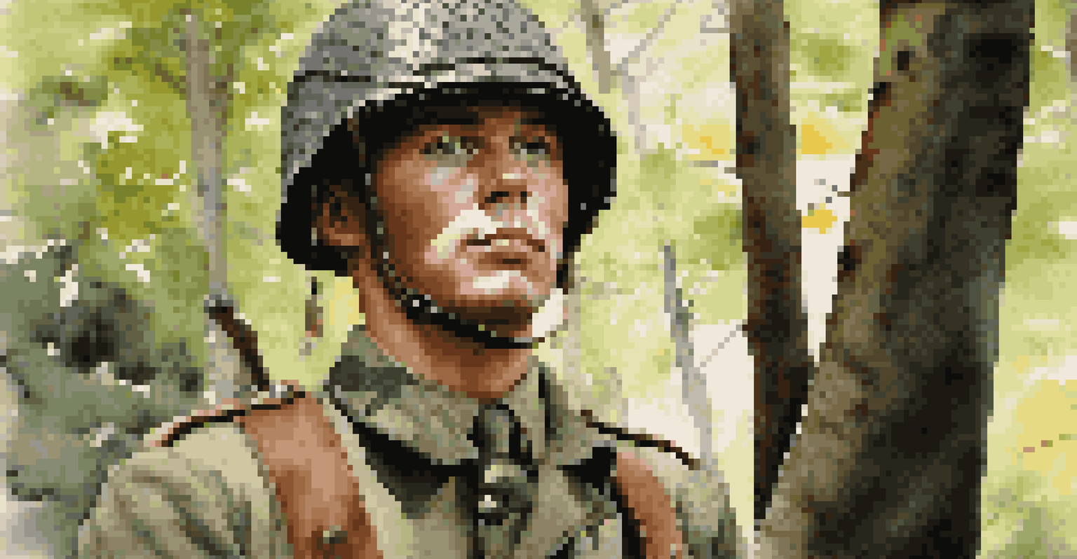 A World War II reenactor in authentic military gear standing in a forest with sunlight filtering through the trees.