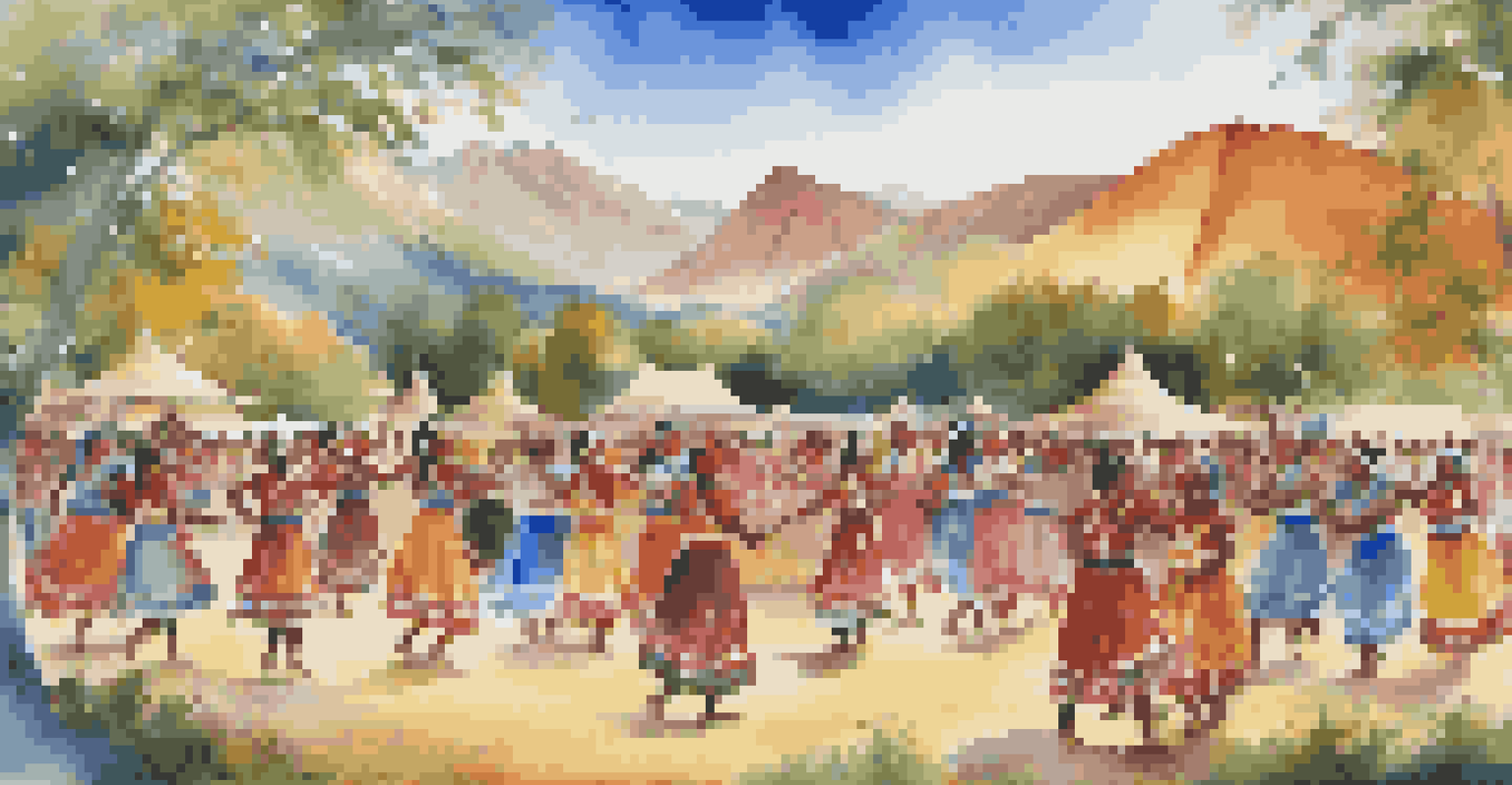 An outdoor Indigenous cultural event with participants in traditional attire dancing joyfully against a mountainous backdrop.