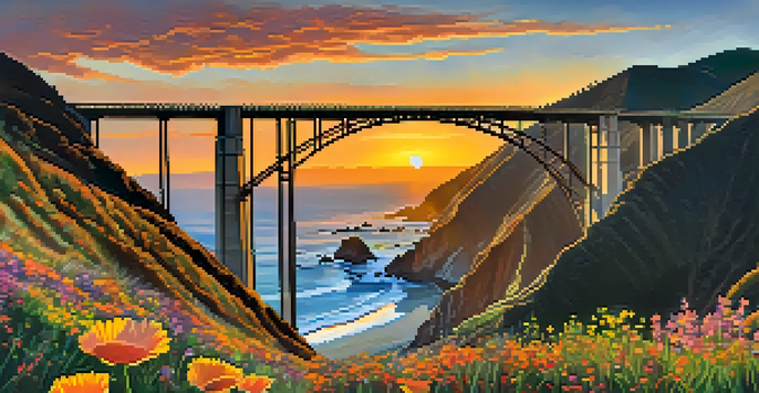 A stunning sunset view of Big Sur featuring the Bixby Creek Bridge and vibrant wildflowers, with dramatic cliffs in the background.