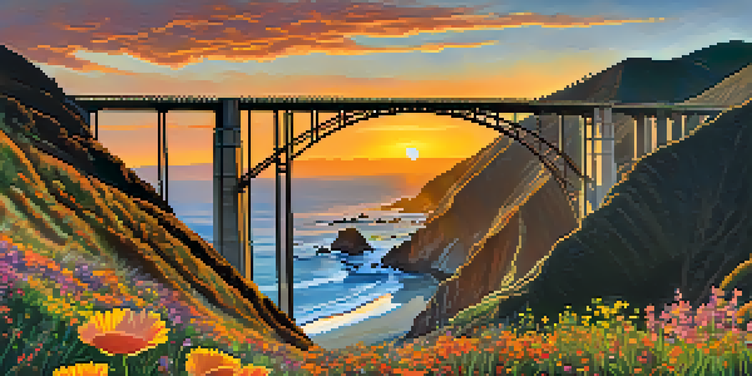 A stunning sunset view of Big Sur featuring the Bixby Creek Bridge and vibrant wildflowers, with dramatic cliffs in the background.
