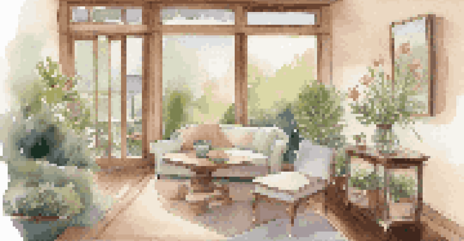 A cozy wellness retreat room with soft lighting, comfortable seating, and views of a blooming garden, featuring a crystal bowl and a journal.