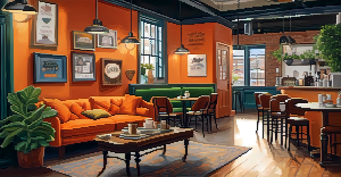 A vibrant coffeehouse interior with an orange couch and eclectic decorations, showcasing a barista at work.