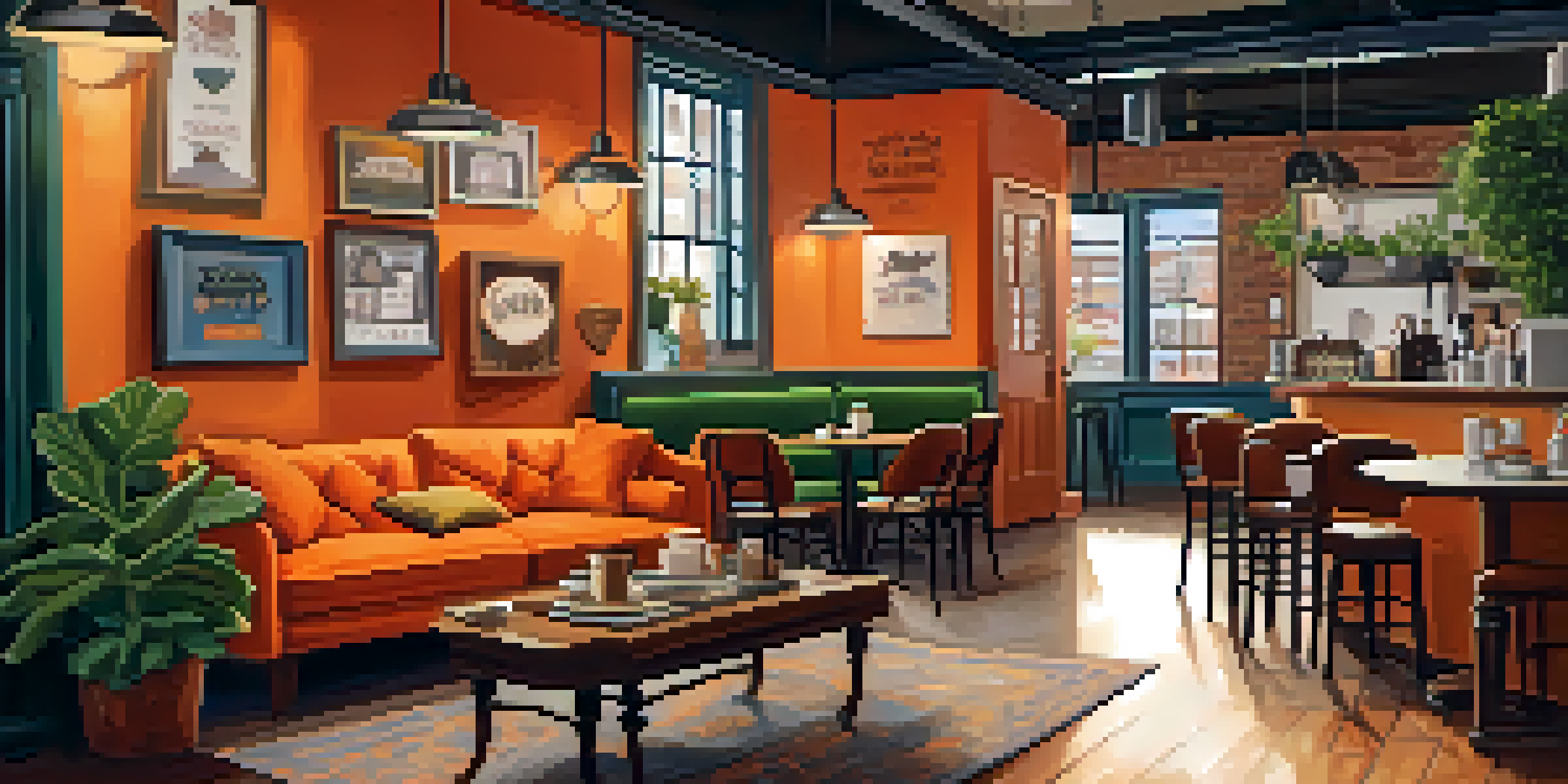 A vibrant coffeehouse interior with an orange couch and eclectic decorations, showcasing a barista at work.