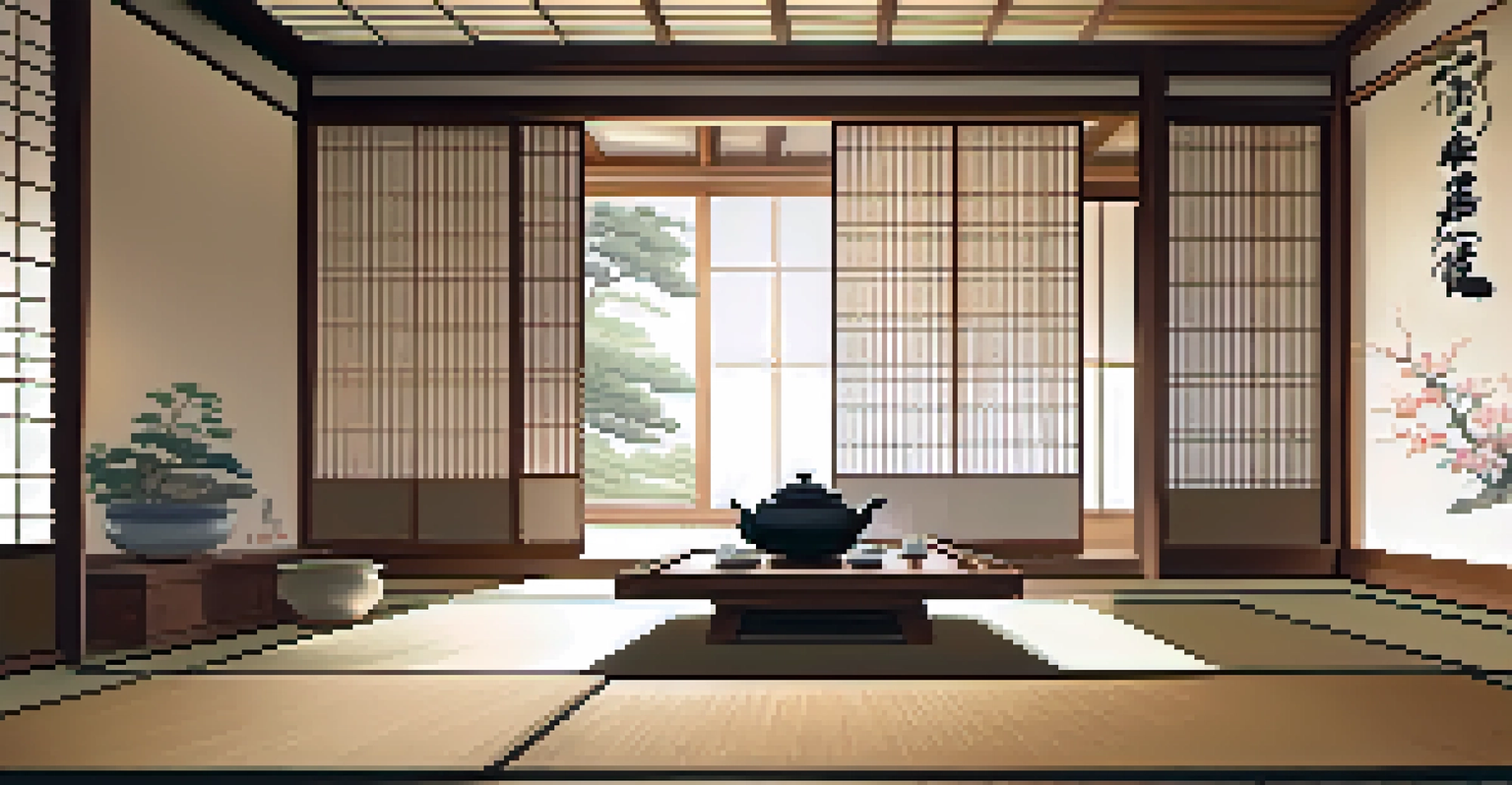 An elegant Japanese tea ceremony with a tea master in a kimono pouring tea into ceramic cups in a serene setting illuminated by natural light.
