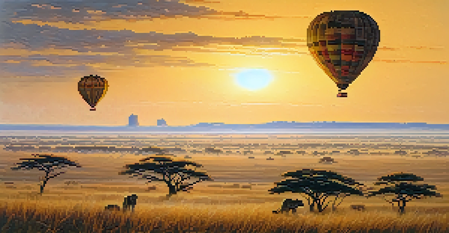 A hot air balloon floats over the Serengeti, with wildlife below and a beautiful sunrise in the background.
