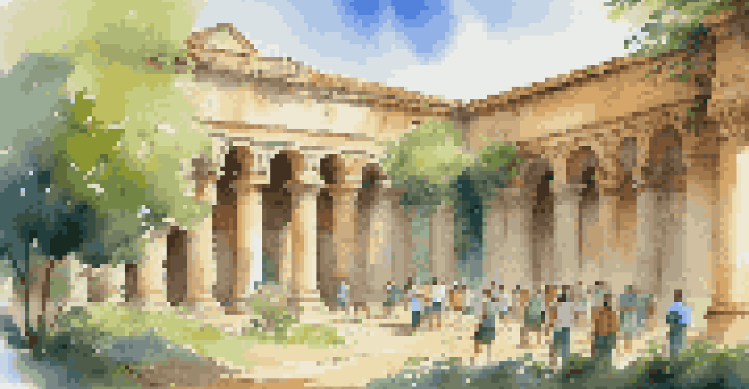 A group of teachers visiting a historical site, engaging in discussions and taking notes, surrounded by ancient buildings and greenery.