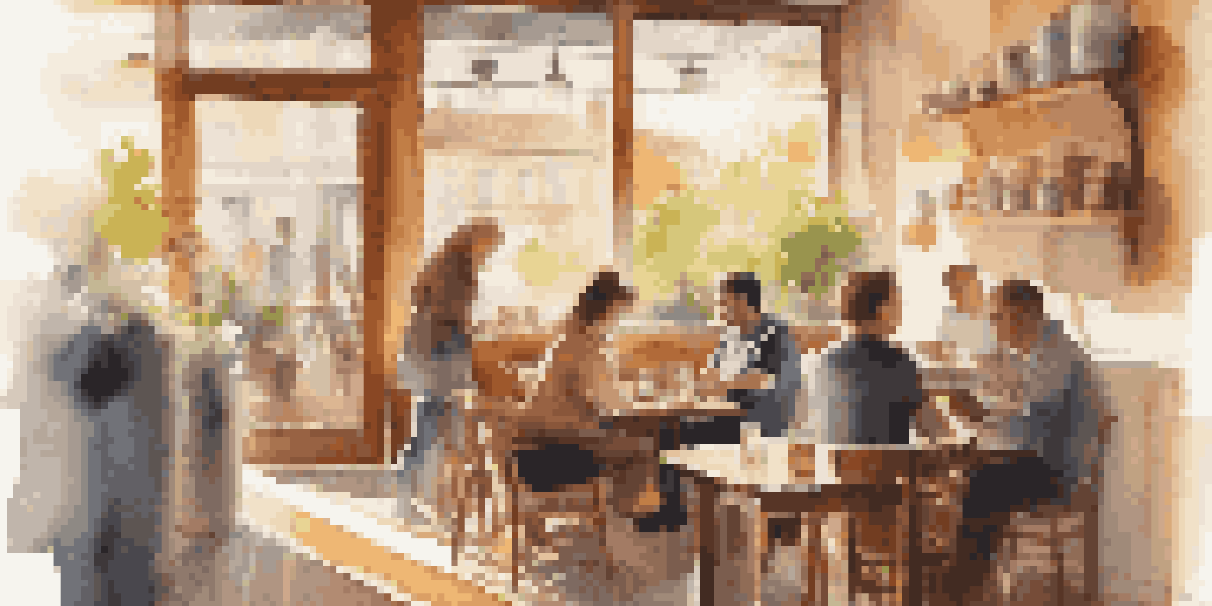 A person working on a laptop in a café, with a cup of coffee on the table, illuminated by warm sunlight.