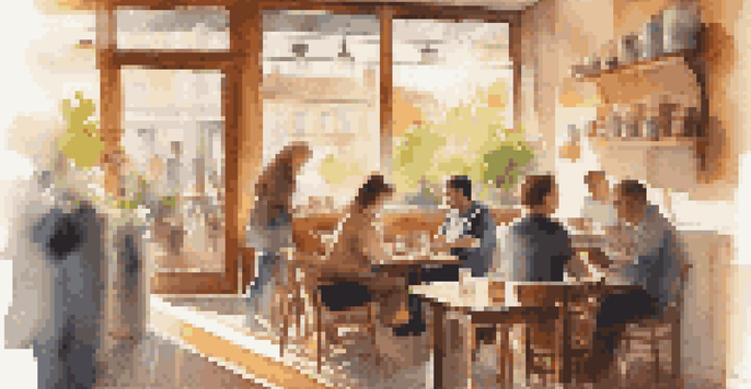 A person working on a laptop in a café, with a cup of coffee on the table, illuminated by warm sunlight.