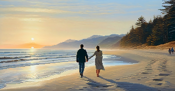 A peaceful beach at sunset with gentle waves and a couple walking on the shore.