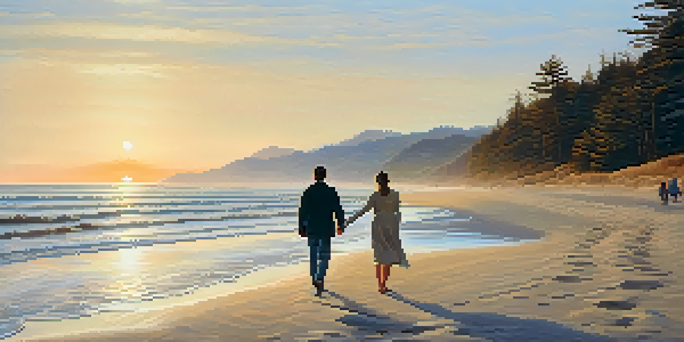 A peaceful beach at sunset with gentle waves and a couple walking on the shore.