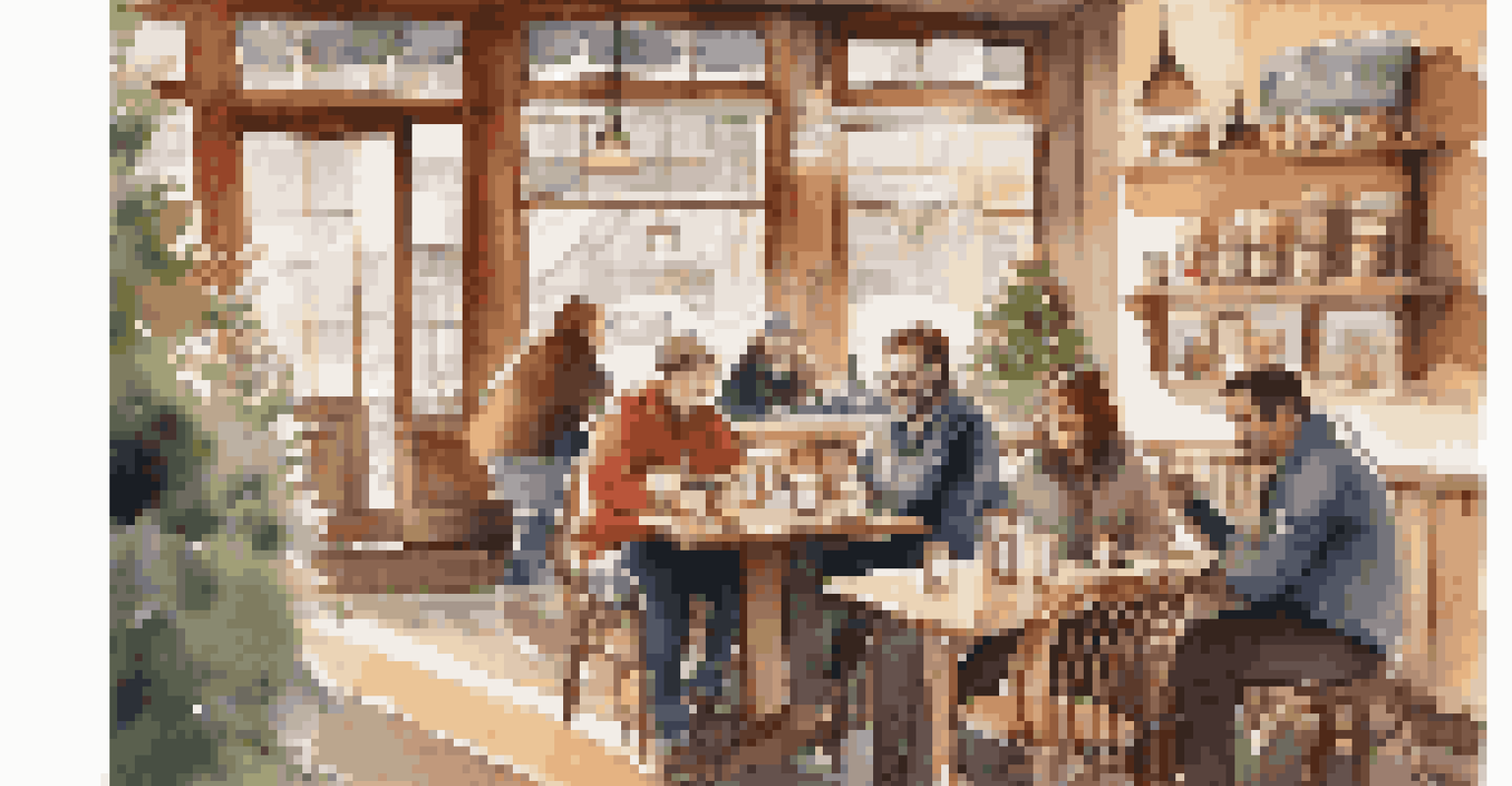 A cozy cafe with travelers enjoying drinks, laughing, and working on laptops.