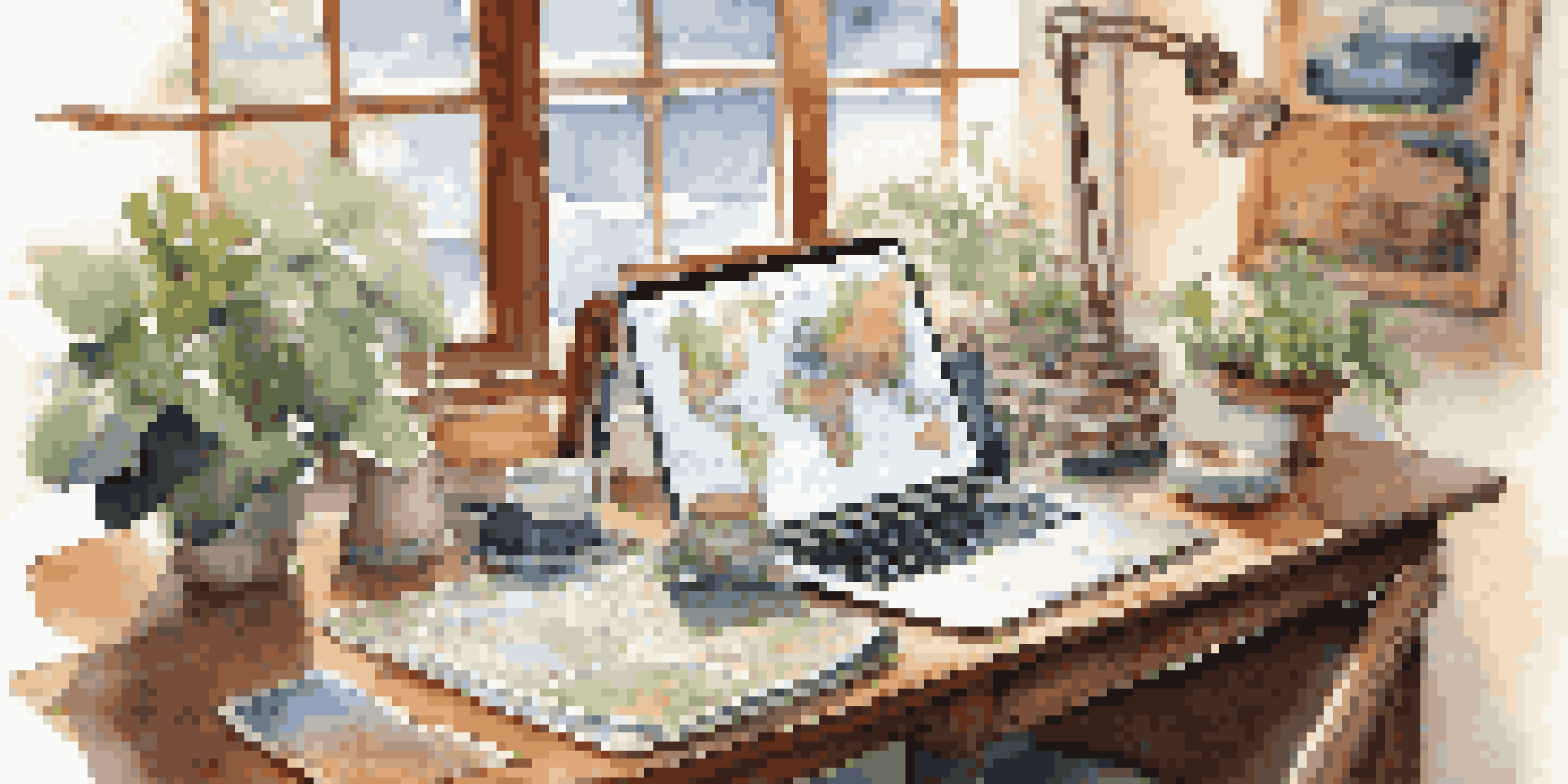 A cozy travel planner's workspace with a wooden desk, laptop, maps, brochures, and a globe, illuminated by natural light.