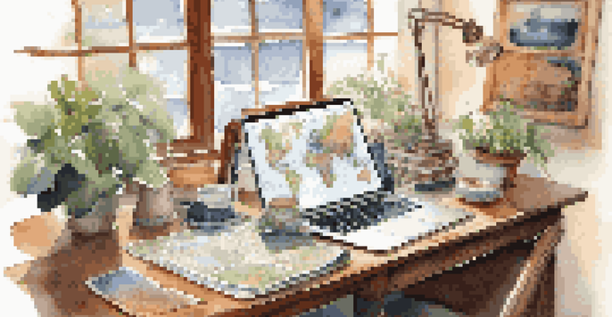 A cozy travel planner's workspace with a wooden desk, laptop, maps, brochures, and a globe, illuminated by natural light.