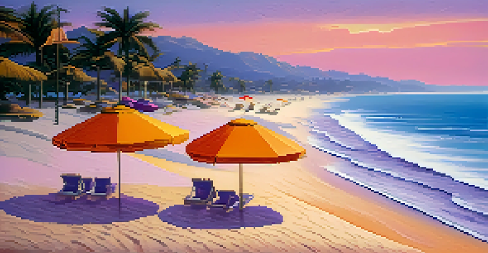 A beautiful beach at sunset with colorful umbrellas and a travel insurance brochure on the sand.