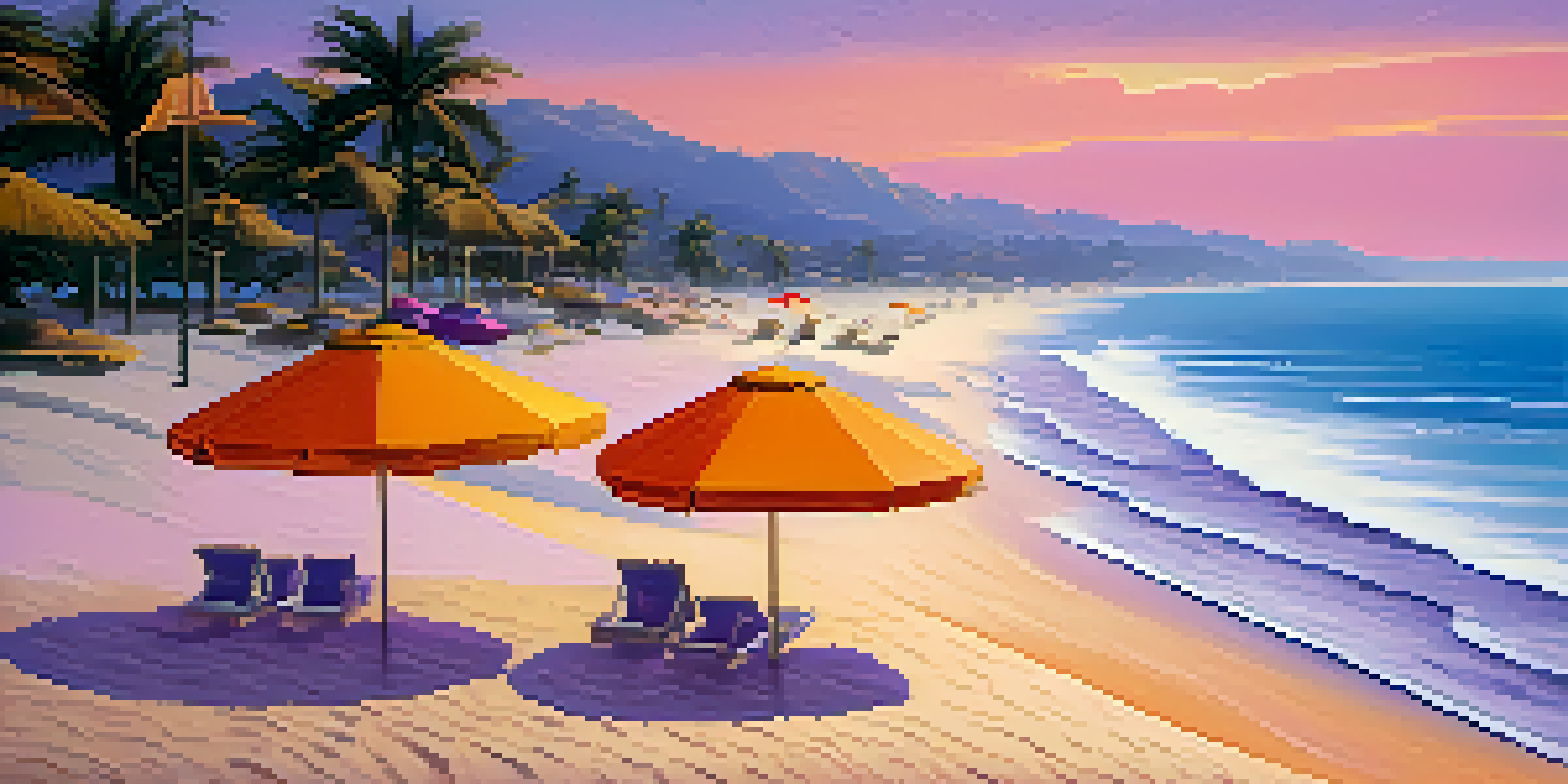A beautiful beach at sunset with colorful umbrellas and a travel insurance brochure on the sand.