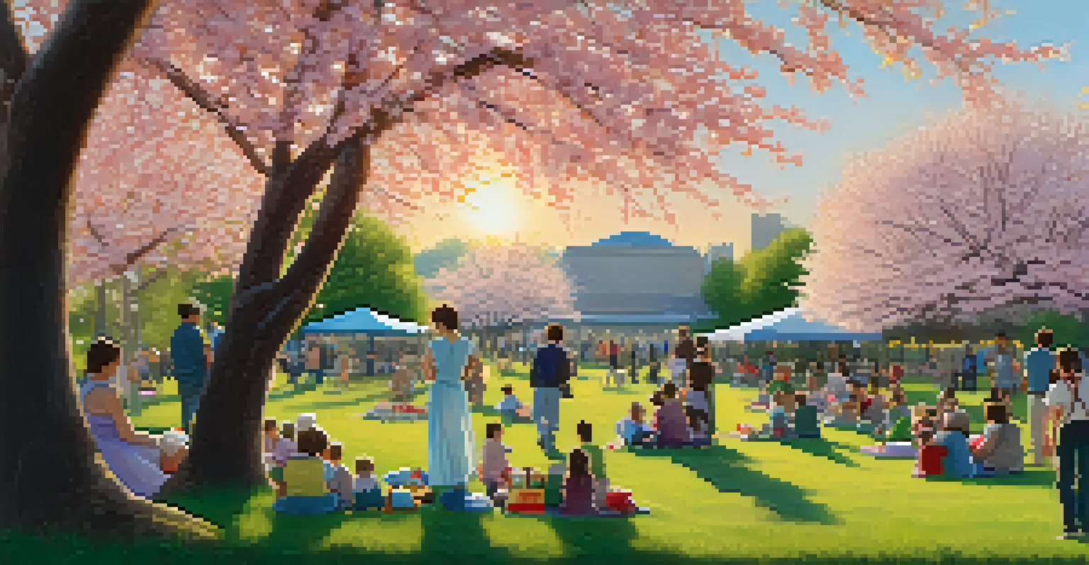 A tranquil park filled with families enjoying a community event under cherry blossom trees during sunset.