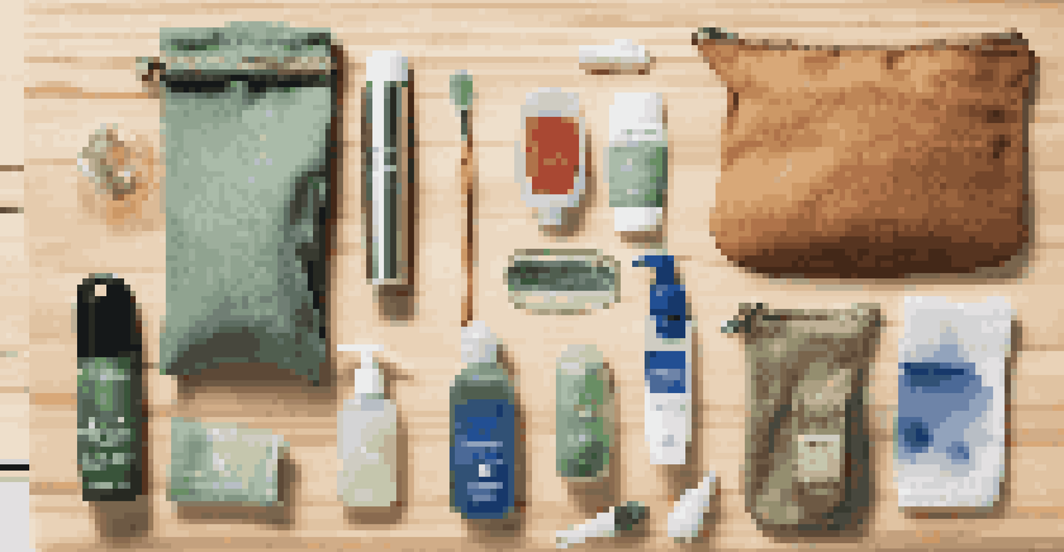 A travel kit featuring reusable and eco-friendly items displayed on a wooden surface.