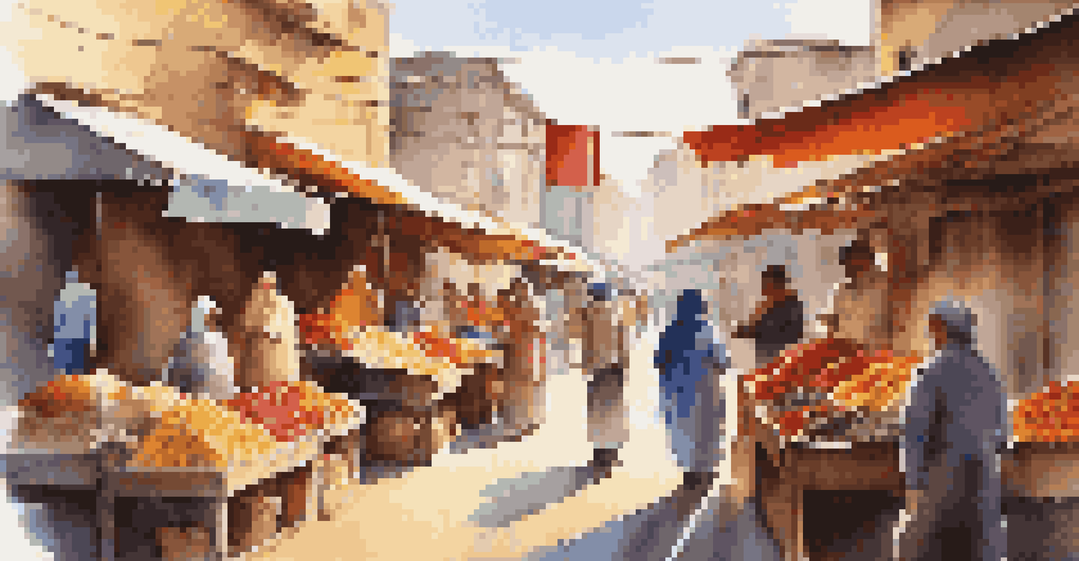 A lively local market with colorful stalls of fruits and crafts, showcasing local culture and interactions.